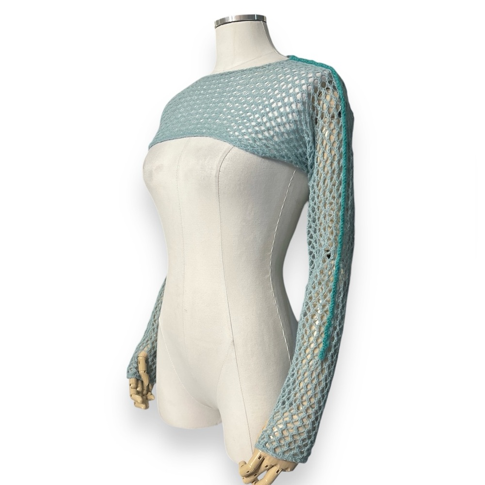 Blue Crochet Ultra Cropped Long Sleeve Top